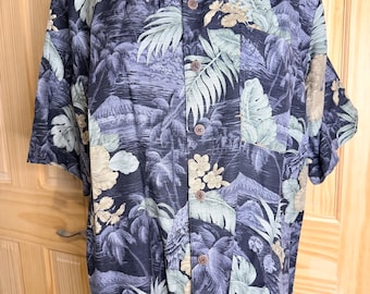 Caribbean Joe Men's Navy Tropical Hawaiian Camp Shirt 100% Silk Medium