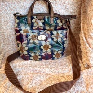 Fossil Blue and Cream Floral Canvas Backpack with Brown Leather Trim Fossil | Bags | Fossil Blue Canvas Leather Trim Mini  main image 4