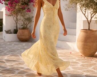 Vestido largo amarillo floral para mujer, vestido de verano con volantes y escote en V, estilo cottagecore, ideal para invitadas a bodas.