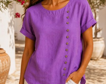 Blusa de lino para mujer, top de verano holgado, blusa informal estilo boho para vacaciones en la playa.