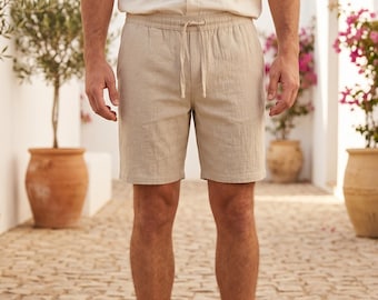Pantalones cortos de algodón y lino para hombre - Pantalones cortos informales de verano para vacaciones en la playa, ligeros, transpirables y de corte relajado.