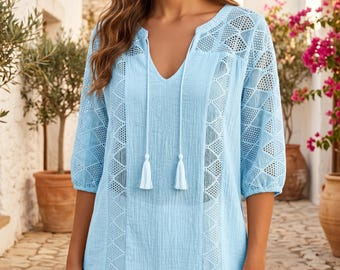 Blusa de mujer con encaje calado - Camisa de verano con encaje calado, manga 3/4, estilo casual, para oficina o actividades al aire libre.