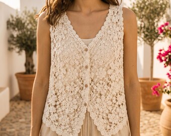 Chaleco de crochet estilo boho - Top sin mangas de encaje con estampado floral vintage para verano y playa