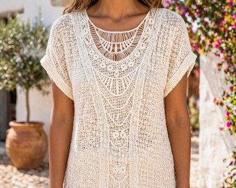 Blusa boho de encaje de ganchillo para mujer - Top de punto de verano, camisa de playa informal boho ligera para festivales