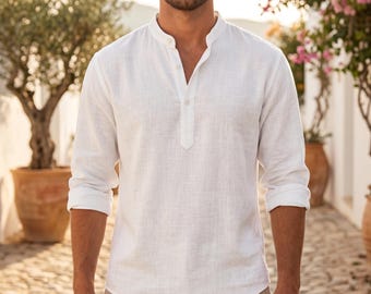 Camisa de hombre de algodón y lino - Top informal de verano para la playa, ligero, con botones, ideal para vacaciones.