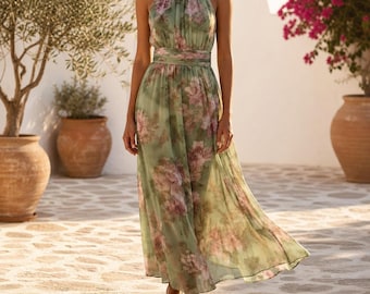 Vestido largo halter floral verde salvia para invitada de boda, estilo bohemio, playa, vacaciones, jardín, fiesta.
