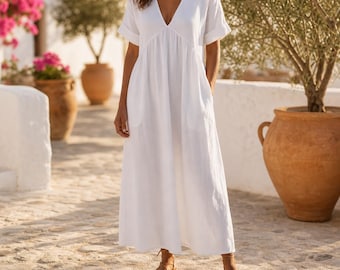 Vestido largo de lino para mujer con cuello en V y manga corta, estilo bohemio, ideal para vacaciones de verano en la playa o resort.
