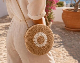 Bolso de paja tejido para mujer, bolso de playa de verano, bolso de hombro estilo boho, bandolera floral, ideal para vacaciones.