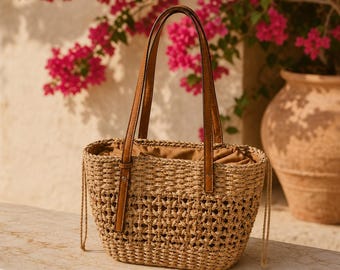 Bolso de mano de rafia tejida, bolso de playa, bolso de paja de verano, bolso de mercado estilo boho cottagecore