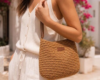 Bolso de hombro de paja tejida para mujer, bolso de playa, bolso de verano estilo bohemio, cesta de mimbre
