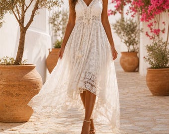 Vestido largo de encaje blanco estilo boho para la playa, vestido de verano con escote en V y aberturas.