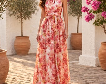 Vestido largo floral para mujer, cuello halter, gasa, corte en A, estilo bohemio, vacaciones de verano, color rosa.