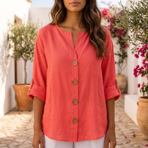 Blusa Túnica Feminina de Linho - Blusa Oversized com Decote em V, Camisa de Verão Boho Casual para Praia