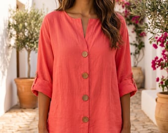 Leinen Tunika Top Damen - Oversize V-Ausschnitt Bluse Sommer Shirt Boho Casual Strand Boho Leinen Top