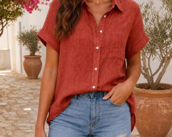 Top cruzado de lino para mujer / Blusa reversible con espalda descubierta / Camisa bohemia de verano