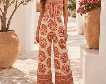 Mono de pierna ancha para mujer, estampado bohemio, sin tirantes, con lazo frontal, ideal para vacaciones de playa en verano.