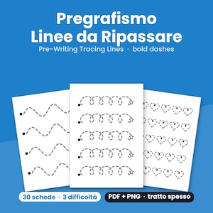 Può includere: Tre fogli di carta bianca con linee tratteggiate nere per esercizi di pregrafismo. Il testo riporta Pregrafismo Linee da Ripassare, Pre-Writing Tracing Lines, bold dashes, 30 schede, 3 difficoltà e PDF + PNG, tratto spesso.