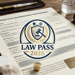 Può includere: Un documento legale professionale intitolato CONTRATTO DI COLLABORAZIONE PROFESSIONALE con un logo circolare centrale raffigurante uno scudo, un martelletto e il testo LAW PASS 2026. Una targa dorata riporta il testo MODELLO LEGALE PROFESSIONALE - LAW PASS 2026.