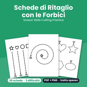 May include: Three white sheets of paper featuring black dashed lines and scissor icons for cutting practice. The text reads Schede di Ritaglio con le Forbici, Scissor Skills Cutting Practice, 30 schede, 3 difficoltà, PDF + PNG, tratto spesso.