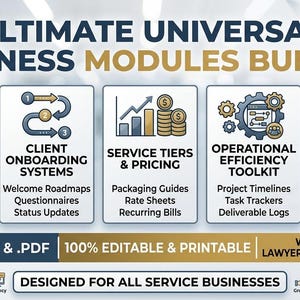 Op de afbeelding: Een digitaal pakket getiteld Ultimate Universal Business Modules Bundle met vijf secties: Legal Contracts Templates, Client Onboarding Systems, Service Tiers & Pricing, Operational Efficiency Toolkit en Financial Templates Kit.