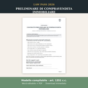 May include: A white document titled LAW PASS 2026 PRELIMINARE DI COMPRAVENDITA IMMOBILIARE. The page contains legal text, a list of regulatory references, and blank fields for seller information, including name, birth date, and tax code, labelled in Italian.