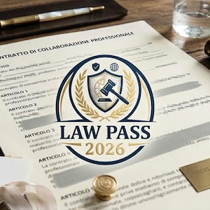 May include: A professional legal document titled CONTRATTO DI COLLABORAZIONE PROFESSIONALE featuring a central circular logo with a shield, gavel, and the text LAW PASS 2026. A gold plaque with the text MODELLO LEGALE PROFESSIONALE - LAW PASS 2026 sits nearby.