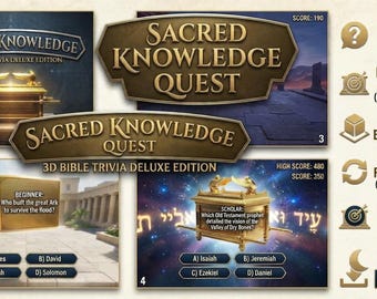May include: Sacred Knowledge Quest 3D Bible Trivia Deluxe Edition game featuring four panels showing gameplay, the Ark of the Covenant, multiple-choice questions, and a list of features including 400 unique questions and 3D environments.