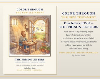 May include: A coloring book titled Color Through The New Testament: The Prison Letters by Robert Suter. The cover features an illustration of a man writing at a wooden desk in a stone cell with an open window, doves, and potted flowers.