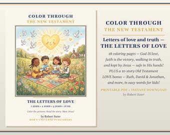 May include: A digital coloring book titled Color Through The New Testament: The Letters of Love by Robert Suter. The cover features four children sitting on a quilt in a field, reading, with a glowing heart and doves above. Includes 18 pages.