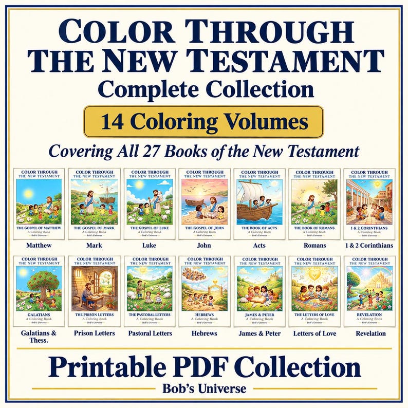 May include: A collection of 14 printable PDF coloring books titled Color Through The New Testament, featuring illustrations for all 27 books of the New Testament. The set includes individual volumes for Matthew, Mark, Luke, John, Acts, Romans, Corinthians, Galatians, Prison Letters, Pastoral Letters, Hebrews, James, Peter, and Revelation.