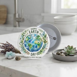 Happy Earth Day Earth Illustration Pin Button | Environmental Badge
