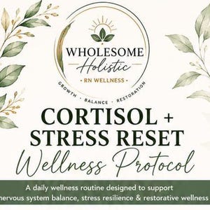 May include: A wellness protocol document titled Wholesome Holistic RN Wellness Cortisol + Stress Reset. The design features green botanical leaf illustrations, a circular logo, and circular icons representing support for stress, nervous system, and hormones.