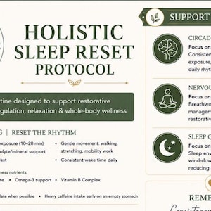 Könnte beinhalten: Ein weißes Informationsdokument mit dem Titel Holistic Sleep Reset Protocol und dunkelgrünen Akzenten. Es beschreibt eine tägliche Wellness-Routine, Schritte zur Rhythmus-Anpassung am Morgen sowie Unterstützungshinweise für den Schlaf.