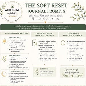 May include: A white informational sheet titled The Soft Reset Journal Prompts with green text and leaf illustrations. It features sections for daily emotional check-ins, dopamine and social media reset prompts, and self-worth and confidence prompts.