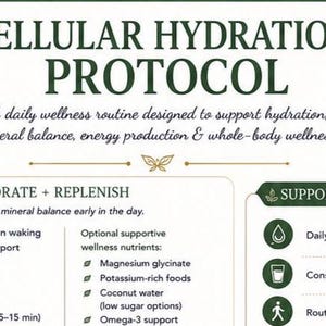 Könnte beinhalten: Eine weiße Informationstafel mit der Überschrift Cellular Hydration Protocol in dunkelgrüner Schrift. Sie beschreibt eine tägliche Wellness-Routine zur Unterstützung von Hydratation und Mineralhaushalt, inklusive Abschnitten wie Hydrate + Replenish.