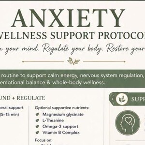 May include: A white informational chart titled ANXIETY WELLNESS SUPPORT PROTOCOL in dark green text. It includes the phrase Calm your mind. Regulate your body. Restore your peace. and lists daily routines, ground and regulate steps, and nutrients.