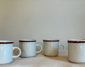 4 Stoneware Interpur Coffee Mugs Japan Brown Stripe 8 oz. Short Mug Set