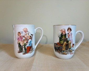 2 Vintage Norman Rockwell Mugs - The Cobbler & The Toymaker - Made in Japan