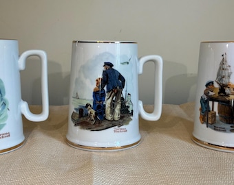 3 Vintage 1985 Norman Rockwell Museum Coffee Mugs Featuring a Nautical-Themed Illustrations and 24K Gold Trim - Great Shape!