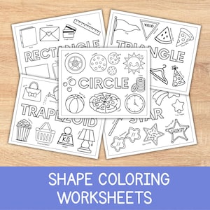 May include: A collection of five black and white educational coloring worksheets featuring various shapes including a rectangle, triangle, circle, trapezoid, and star. Each page displays the shape name in large letters with line art illustrations of objects corresponding to that specific shape, such as a clock, pizza, sun, book, ruler, and sheriff badge.