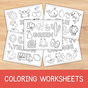 Peut inclure: Une collection de cinq feuilles de coloriage en noir et blanc présentant divers objets et animaux classés par couleur. Chaque page affiche le nom de la couleur en grandes lettres, dont rouge, bleu, vert, jaune et orange, avec des illustrations.