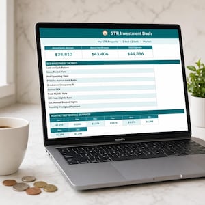 May include: A laptop displaying an STR Investment Dash spreadsheet with financial data, including annual gross revenue of $38,810, annual net revenue of $43,406, and total expenses of $44,896, alongside a white coffee mug and several scattered coins.