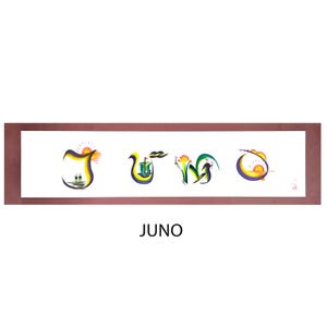 May include: A framed artwork featuring the word "JUNO" written in colourful stylised letters. Each letter is a unique design incorporating a sunset, a boat, flowers, and a crescent moon.