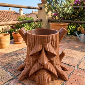 Peut inclure: Un pot de fleurs marron imprimé en 3D en forme de souche d'arbre avec un visage sculpté présentant des yeux fermés, un nez proéminent et une barbe texturée. L'ouverture cylindrique au sommet est entourée de deux petites branches latérales.