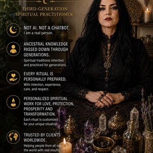 May include: A person with long dark hair wearing a black lace-trimmed top, sitting at a table with crystals, candles, and a ritual cloth. Text includes MARIE, THIRD-GENERATION SPIRITUAL PRACTITIONER, NOT AI, ANCESTRAL KNOWLEDGE, and THE SECRETS OF THE WITCHES.