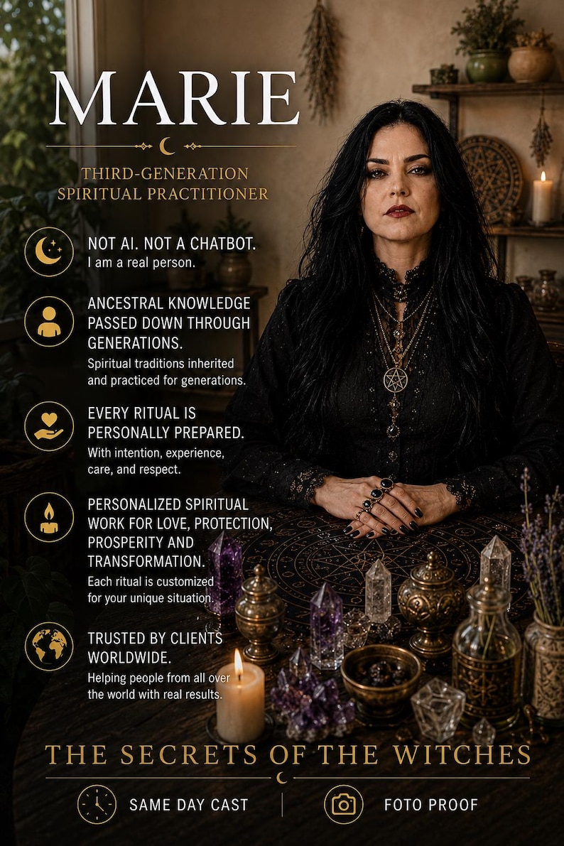 May include: A person with long dark hair wearing a black lace-trimmed top, sitting at a table with crystals, candles, and a ritual cloth. Text includes MARIE, THIRD-GENERATION SPIRITUAL PRACTITIONER, NOT AI, ANCESTRAL KNOWLEDGE, and THE SECRETS OF THE WITCHES.