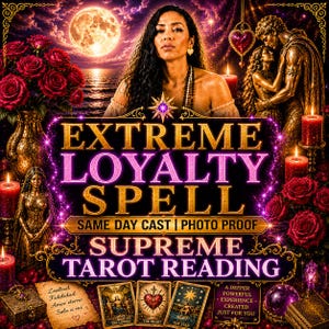 Op de afbeelding: Een digitale afbeelding met de tekst EXTREME LOYALTY SPELL en SUPREME TAROT READING, omringd door rode rozen, een volle maan boven de oceaan, een persoon, een hartvormige hanger, standbeelden, kaarsen en drie tarotkaarten genaamd The Lovers, The Heart en The Star.