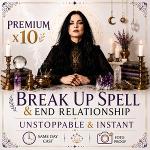 Könnte beinhalten: Eine Person mit langem dunklem Haar in einem schwarzen Spitzenoberteil sitzt hinter einem Tisch mit Kerzen, einer Kristallkugel, Amethystclustern und einer Messingschale. Text: PREMIUM x10, BREAK UP SPELL & END RELATIONSHIP, UNSTOPPABLE & INSTANT, SAME DAY CAST, FOTO PROOF.