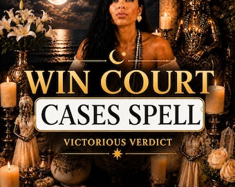 May include: A digital graphic featuring the text WIN COURT CASES SPELL and VICTORIOUS VERDICT. The image displays a person, golden statues, white lilies, lit candles, and tarot cards against a moonlit ocean background with a crescent moon icon.
