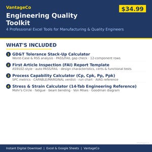 May include: A digital product listing for the VantageCo Engineering Quality Toolkit, featuring four professional Excel tools for manufacturing and quality engineers, including a GD&T calculator, FAI report template, process capability calculator, and stress and strain calculator.